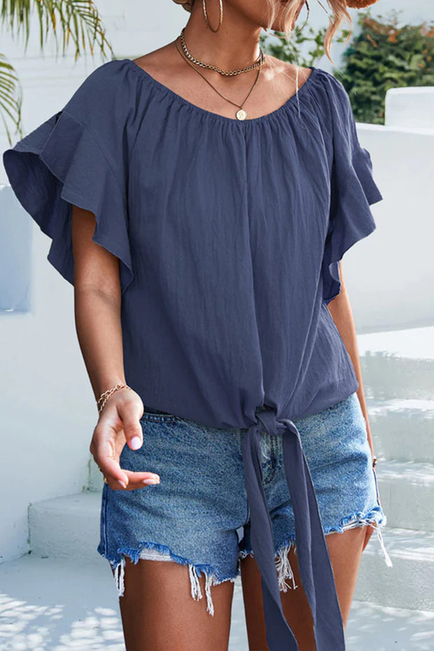 Knot Front Ruffle Sleeve Casual Tops