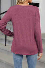 V-neck Solid Color Loose Long-sleeved T-shirt Top