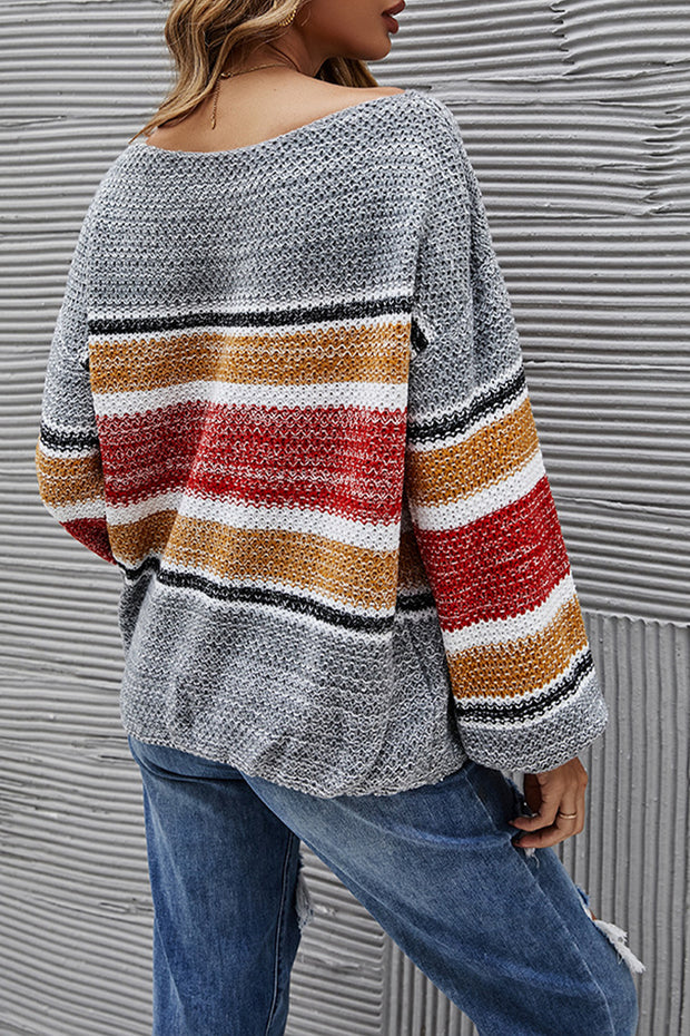Off Shoulder Multicolor Stripes Lantern Sleeve Sweater