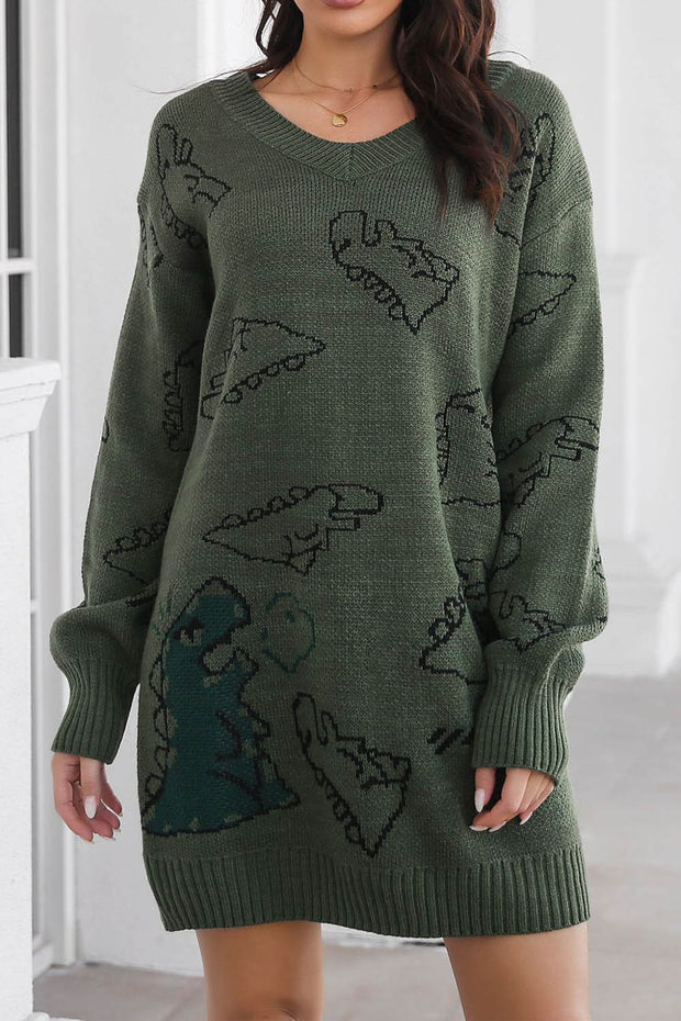 Cute Dinosaur Cartoon Jacquard V-Neck Long Sleeve Sweater Dress