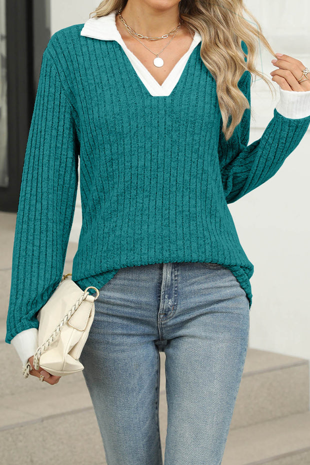 Colorblock Lapel V-neck Long Sleeve Loose Brushed Pullover