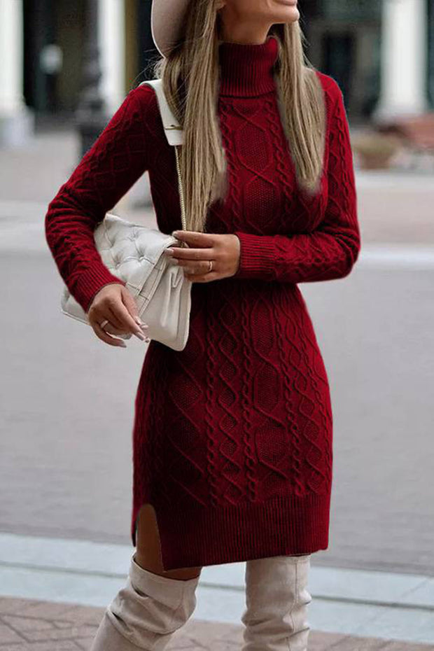 Solid color high collar casual hem slit long sweater dress