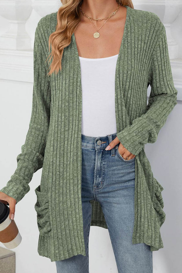 Solid Color Pocket Long Sleeve Cardigan Sweater