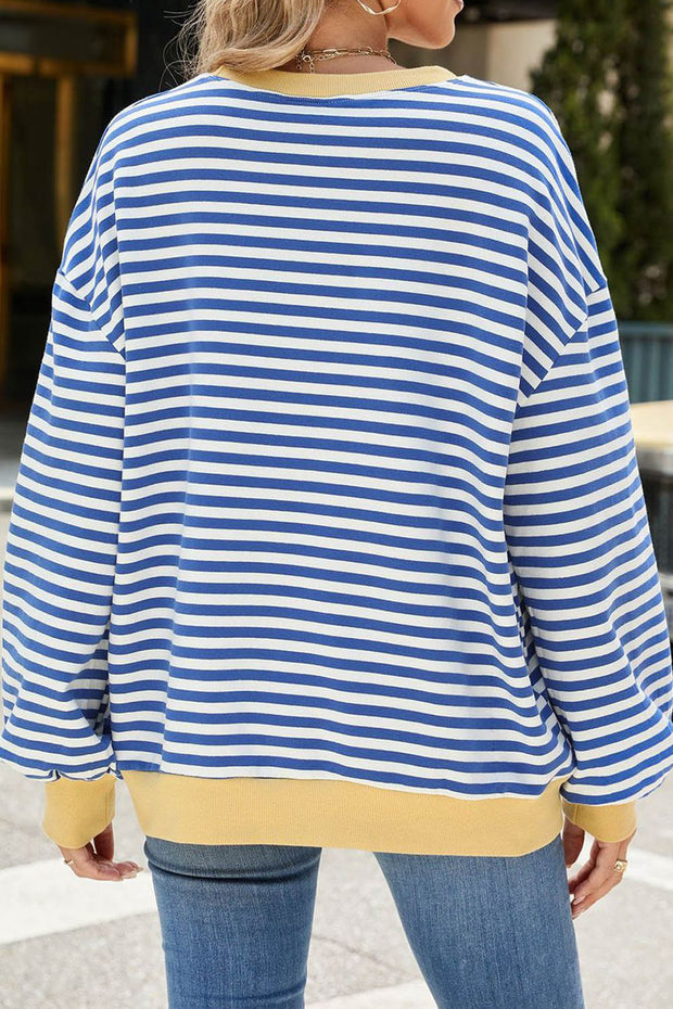 Striped Round Neck Colorblock Loose Long Sleeve Sweatshirt