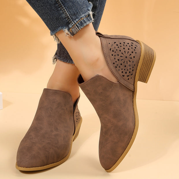 Perforated Western Chunky Ankle Boots