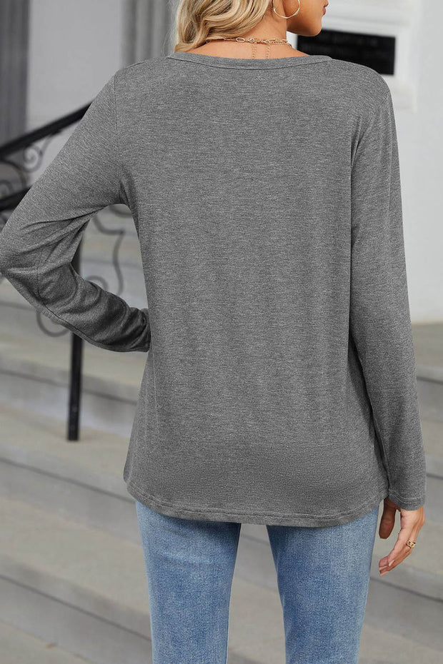 V-neck Solid Color Loose Long-sleeved T-shirt Top