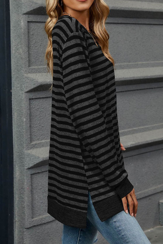 Striped Colorblock Round Neck Loose Long Sleeve T-shirt