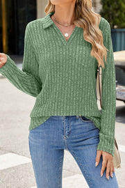 Solid Color Lapel V-neck Pocket Long Sleeve Loose Brushed Top