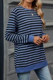 Striped Colorblock Round Neck Loose Long Sleeve T-shirt