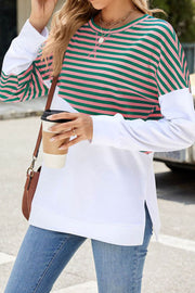 Solid Color Striped Colorblock Round Neck Long Sleeve Sweatshirt