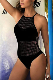 Crisscross Back Fishnet High Neck Brazilian One-piece Swimsuit