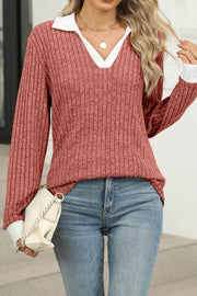 Colorblock Lapel V-neck Long Sleeve Loose Brushed Pullover