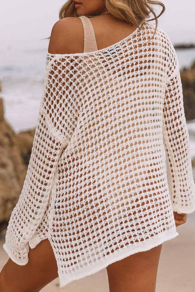 Long Sleeve Scoop Neck Cutout Crochet Mini Cover Up