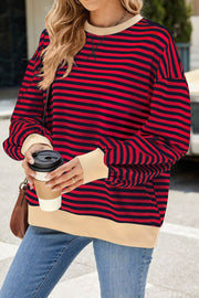 Striped Round Neck Colorblock Loose Long Sleeve Sweatshirt