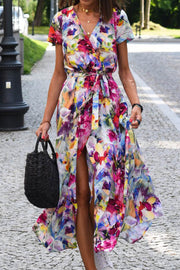 Printed Slit V Neck Midi Dress