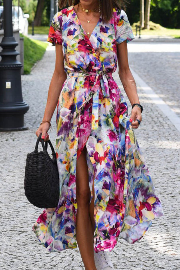 Printed Slit V Neck Midi Dress