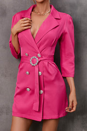 Three-quarter Sleeves V-neck Belted Buttoned Suit Dress