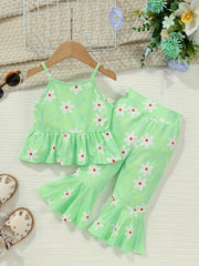 Baby's Cartoon Flower Full Print 2pcs Sleeveless Outfit, Ruffle Trim Cami Top & Flared Pants Set, Toddler & Infant Girl's Clothes For Summer Daily/Holiday, As Gift