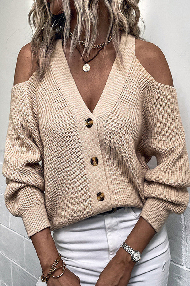 V-Neck Button Off-Shoulder Knit Sweater