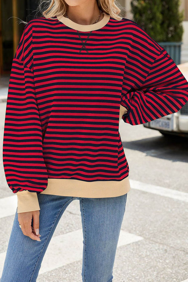 Striped Round Neck Colorblock Loose Long Sleeve Sweatshirt