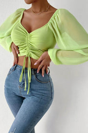 V-neck Chiffon Drawstring Lantern Sleeve Tight Sexy Shirt In Light Colors