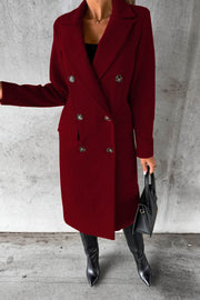 Solid Color Long Sleeve Double Breasted Coat with Pockets