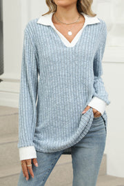 Colorblock Lapel V-neck Long Sleeve Loose Brushed Pullover