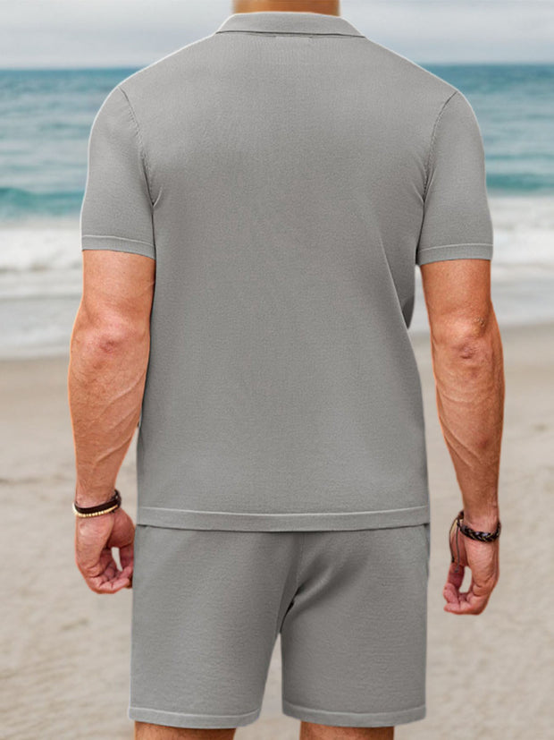 Men's business casual color block short-sleeved cardigan Hawaiian collar shorts sweater shirt two-piece set