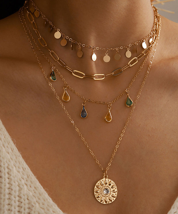 Imitation Diamond & Goldtone Circle Layered Tassel Necklace