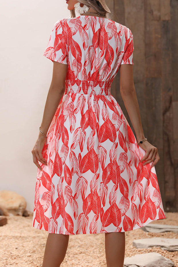 Leaf Print V Neck Short Sleeve Midi Dress