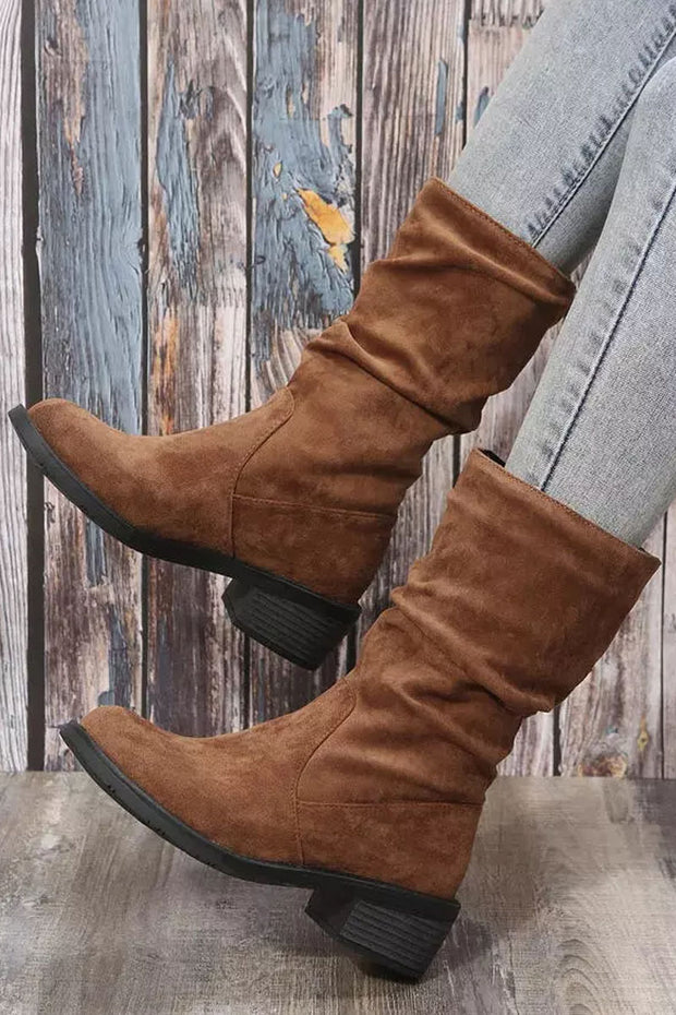 Ruched Suede Plain Square Heel Boots