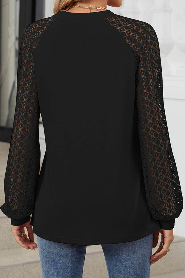 Lace Panel Round Neck Long Sleeve Loose Top