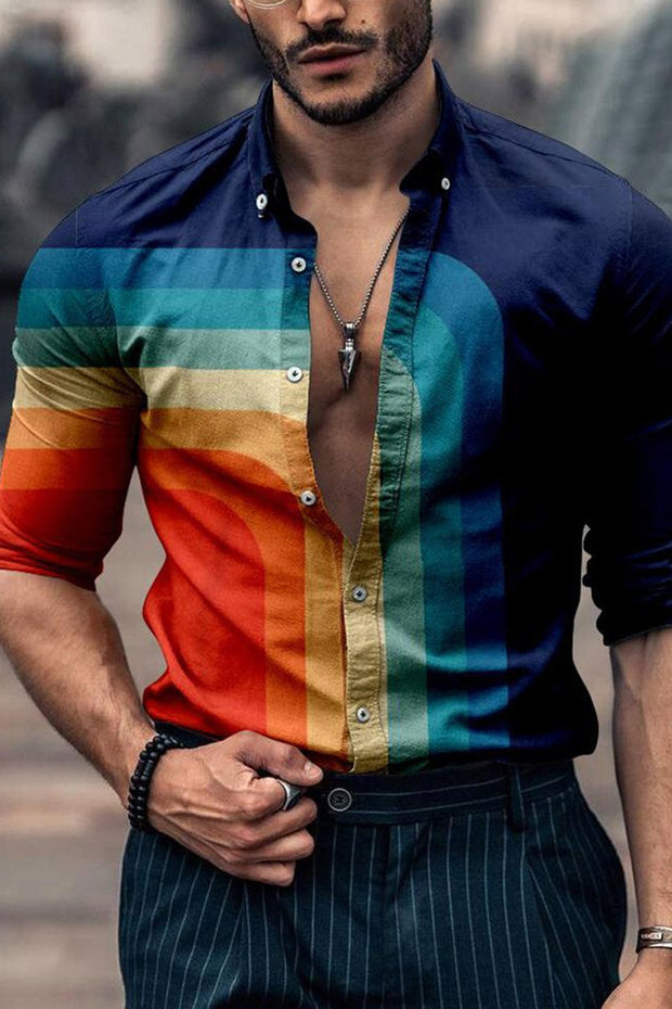 Rainbow Stripe Print Long Sleeve Casual Shirt