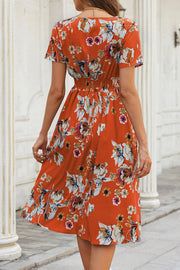 Floral V Neck Short Sleeve Midi Dress