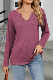 V-neck Solid Color Loose Long-sleeved T-shirt Top