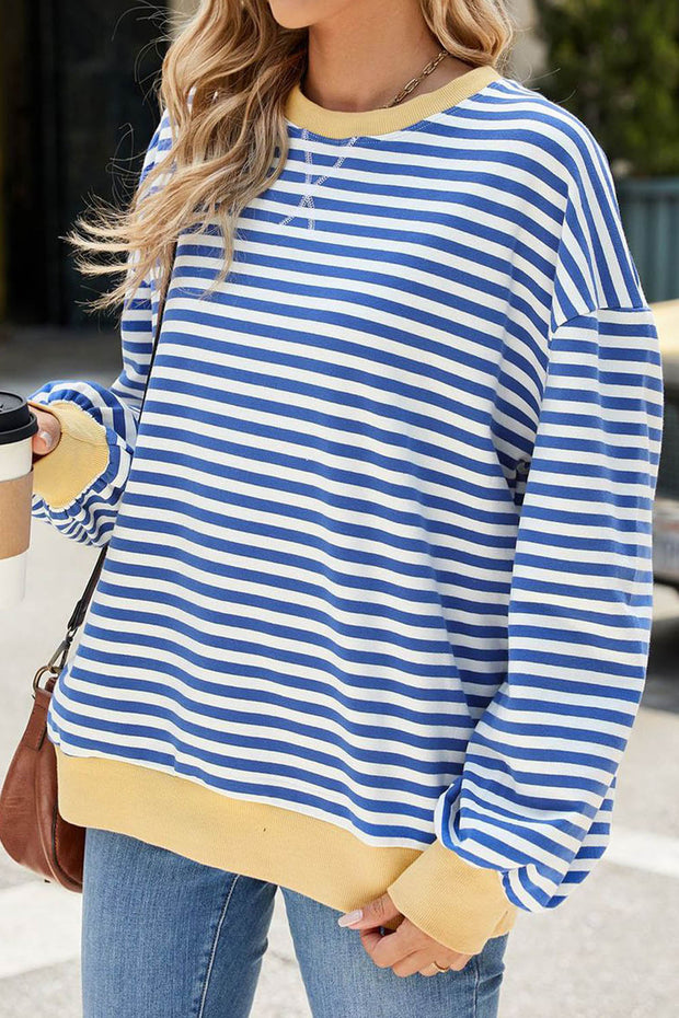 Striped Round Neck Colorblock Loose Long Sleeve Sweatshirt