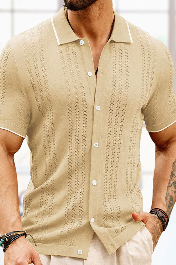 Summer Men's Business Casual Figure 8 Textured Polo Neck Short Sleeve Cardigan