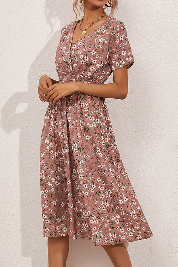 Retro Floral V Neck Short Sleeve Midi Dress