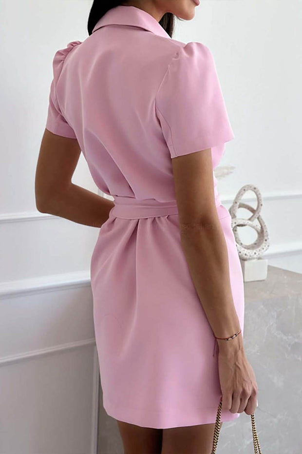 Solid Color Lapel Belt Short Sleeve Suit Dress