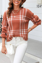 Irregular Plaid Round Neck Pullover Sweater