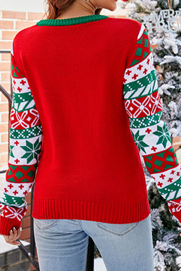 Christmas Tree Embroidery Round Neck Knitted Christmas Sweater