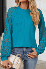 Lace Panel Round Neck Long Sleeve Loose Top