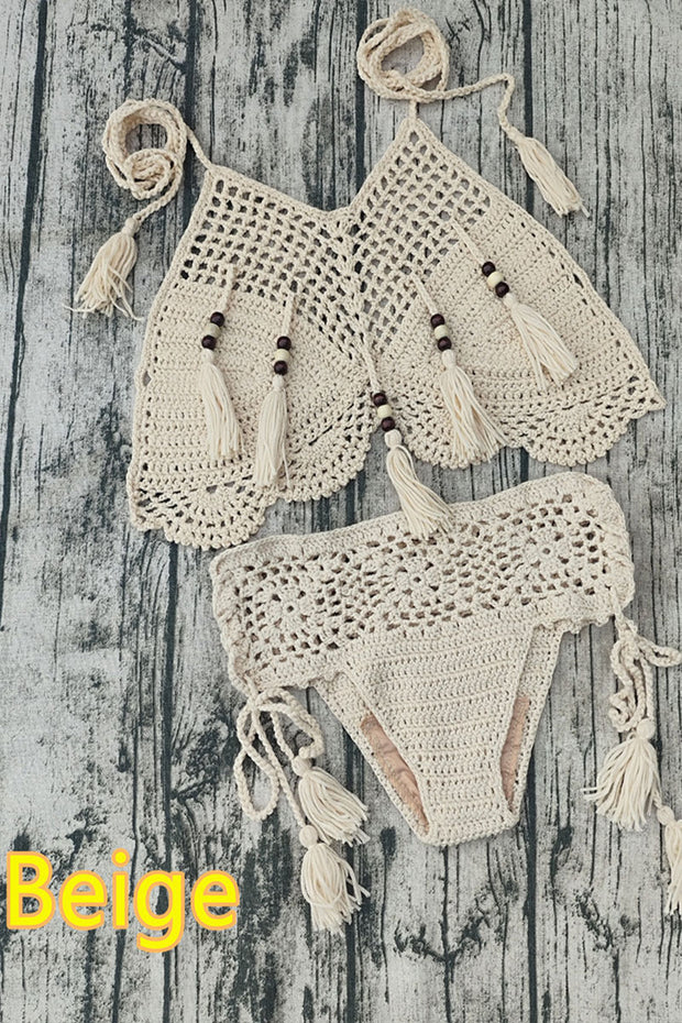 Handmade Crochet Halter Beaded Bikini Sexy Suit