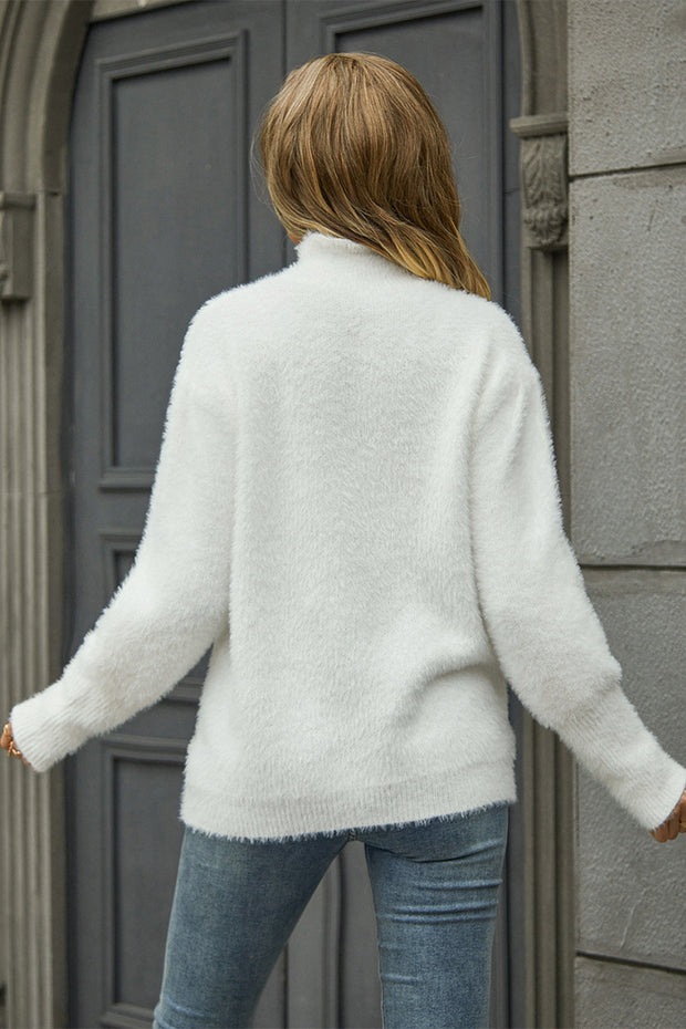 Plushy Turtleneck Solid Color Pullover Sweater