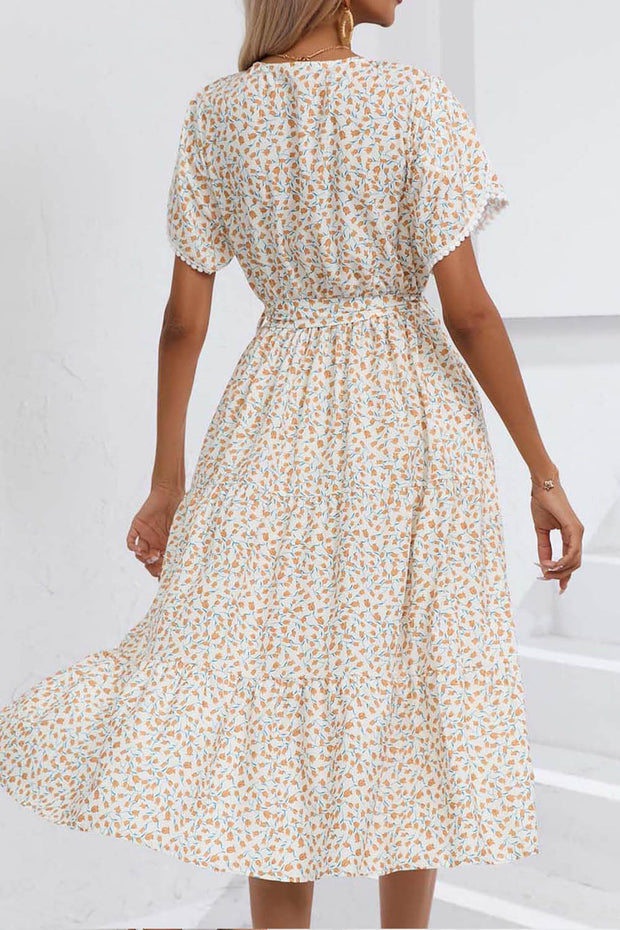 Floral Slit V Neck Short Sleeve Midi Dress