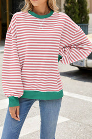 Striped Round Neck Colorblock Loose Long Sleeve Sweatshirt