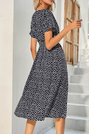 Polka Dot V Neck Short Sleeve Midi Dress