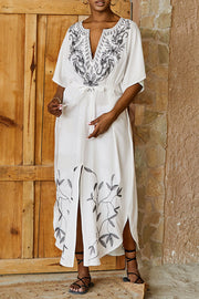 Beach Vacation Gold Embroidered Belt Cover Up Dress
