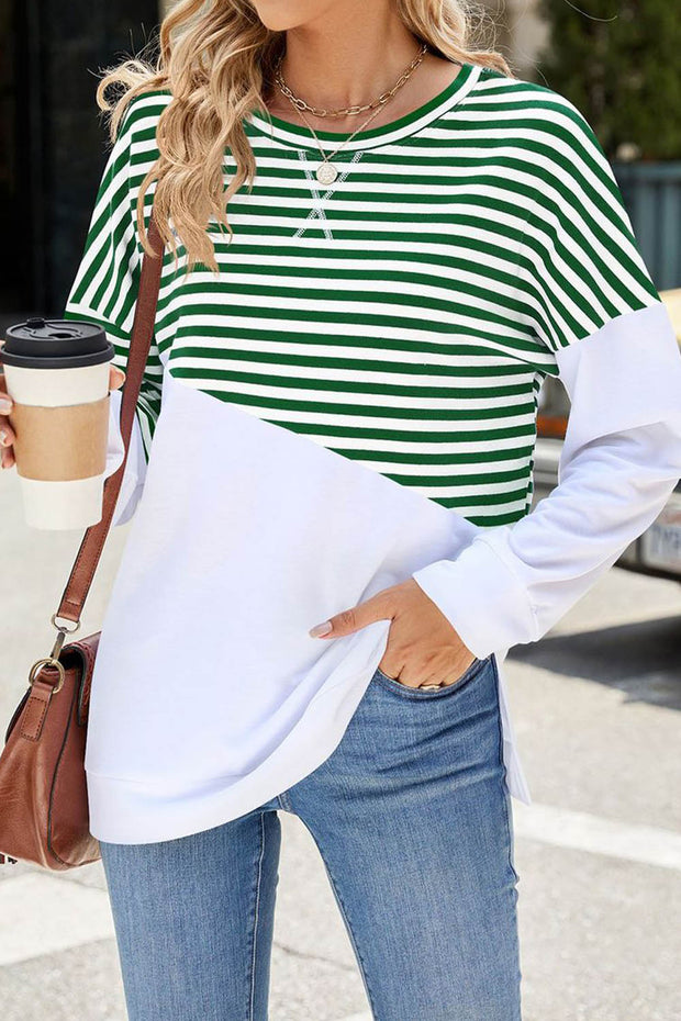 Solid Color Striped Colorblock Round Neck Long Sleeve Sweatshirt