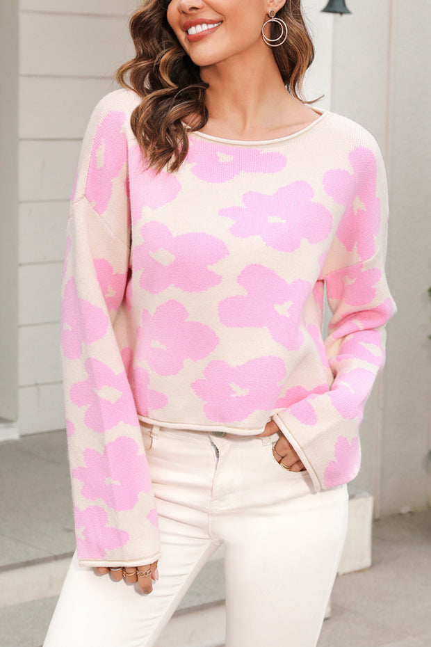 Cropped Floral Knit Pullover Sweater